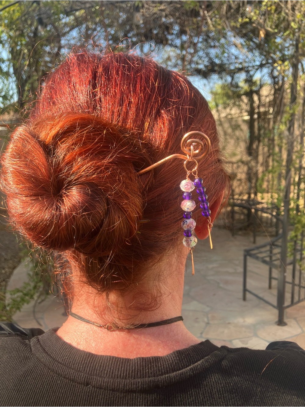 Handcrafted Copper Hair Stick with Purple Floral Beaded Charm